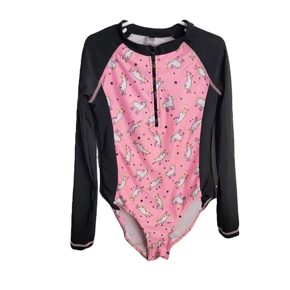 SHEIN Girls Unicorn Bodysuit Size  10- 12 Pink Black – Long Sleeve  One Piece